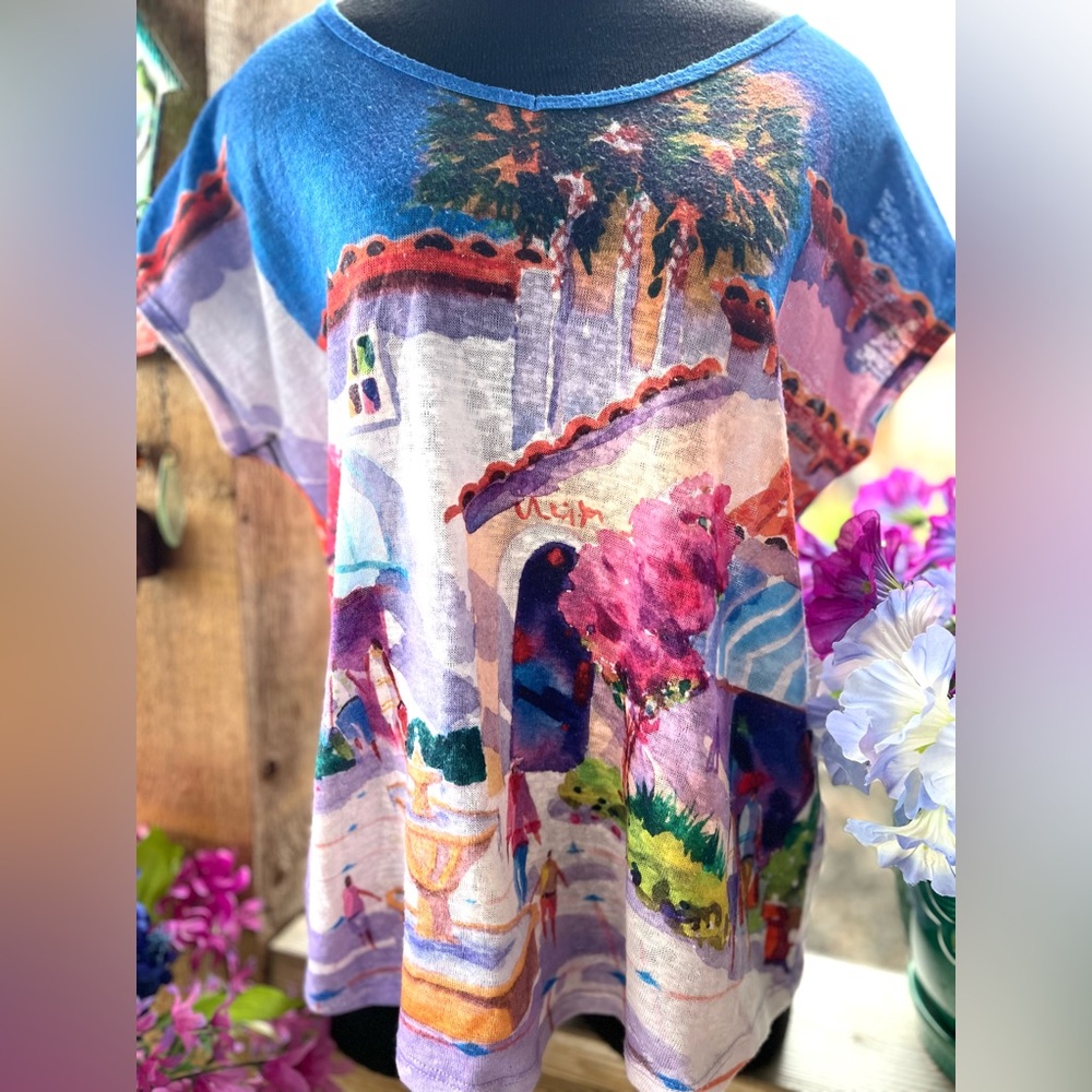 Ellen Negley Art & Sol Colorful Watercolor Scenic Print Soft Knit Signed Top PM